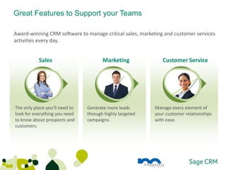 Great Features to Support your Teams

Award-winning CRM software to manage critical sales, marketing and customer services
activities every day.


           Sales                       Marketing              Customer Service




The only place you’ll need to   Generate more leads       Manage every element of
look for everything you need    through highly targeted   your customer relationships
to know about prospects and     campaigns.                with ease.
customers.
 