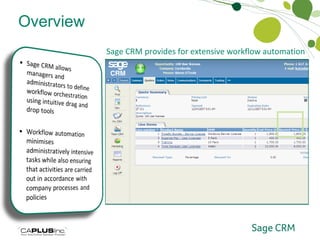 Overview Workflow Automation Sage CRM provides for extensive workflow automation 