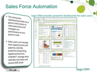 Sales Force Automation Sales Dashboards Sage CRM provides powerful dashboards for sales users 