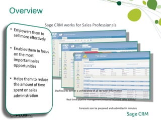 Overview Sage CRM works for Sales Professionals Who Sage CRM Works For Dashboards deliver a unified view of all key sales information Real-time pipeline management ensures focussed sales activity Forecasts can be prepared and submitted in minutes 