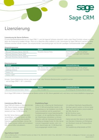 Sage CRM
Lizenzierung
Lizenzierung der Server-Software
Für eine Standardimplementierung von Sage CRM 7.1 wird die folgende Software unterstützt. (siehe unten) Diese Produkte müssen vor Insta-
llation der Anwendung installiert werden. Hierzu ist zu Beachten dass zusätzlich zu den Lizenzkosten für Sage CRM auch Lizenzen für diese
Software erworben werden müssen. Die entsprechenden Lizenzbedingungen sind bei dem jeweiligem Softwarehersteller direkt anzufragen.

Anwendungsserver
 Produkt                                             Version                                      Lizenzanforderung
 Microsoft Windows Server 2003 R2                    Neuestes Service-Pack.                       Ihre IT-Abteilung sollte die gültigen
 Microsoft Windows Server 2008                                                                    Lizenzanforderungen beim Hersteller
                                                                                                  erfragen.
 Microsoft Windows Server 2008 R2



Datenbankserver
 Produkt                                             Version                                      Lizenzanforderung
 Microsoft SQL-Server                                SQL Server 2005, 2008 oder 2008 R2           Ihre IT-Abteilung sollte die gültigen
 (beliebige Version)                                 mit neuestem Service-Pack.                   Lizenzanforderungen beim Hersteller
 Oracle 11g*
 Oracle 11gR2*


Hinweis: Oracle-Datenbanken können unter einem UNIX- oder Windows-Betriebssystem ausgeführt werden.
* wird ab Sage CRM 7.1 SP 1 unterstützt.

Webserver
 Produkt                                             Version                                      Lizenzanforderung
 Microsoft Internet Information Server               6.0, 7.0 oder 7.5                            Im Umfang der Windows Server-Lizenz.

Da im Sage CRM Umfeld im Datenbankserver-Bereich primär mit SQL Server gearbeitet wird, wird hierzu noch etwas detaillierter eingegangen.




Lizenzierung SQL-Server                          Empfehlung Sage:
Sage CRM wird bereits im Standard mit dem        Aufgrund der Limitierung der Datenbankgrö-       Um größeren Datenbank-Kapazitätsanfor-
SQL-Server Express ausgeliefert.                 ße auf 10 GB wird empfohlen bereits in der       derungen gerecht werden zu können bietet
Hierbei ist zu beachten, dass die SQL-Da-        Projektphase/vor der Installation eine Schät-    Sage zwei verschiedene Lizenzmodelle für
tenbank auf max. 10 GB limitiert ist.            zung vorzunehmen und für ausreichend             den SQL-Server an:
                                                 Festplattenspeicher sowie Datenbankgröße           SQL-Runtime Lizenz
Der SQL Server Express stellt eine leicht        zu sorgen, um ein signifikantes Wachstum           SQL-Vollversion Lizenz
verwendbare, reduzierte Version von SQL          der Datenmenge unterstützen zu können.
Server 2008 R2 dar. Falls Sie erweiterte         Weiterhin sollte der Interessent/Anwender        Hierbei wird der SQL-Server in den Editio-
Datenbankfeatures benötigen, können Sie          frühzeitig auf etwaige Kosten für SQL-Server     nen Standard, Enterprise und Workgroup
SQL Server Express nahtlos auf komplexere        Lizenzen hingewiesen werden, wenn von            als Clientlizenz sowie als Prozessorlizenz
SQL Server-Edition aktualisieren.                einem überschreiten der 10 GB-Beschrän-          angeboten.
                                                 kung ausgegangen werden muss.                    Die Auslieferung erfolgt jeweils auf DVD.


Sage Software GmbH
Emil-von-Behring-Str. 8–14 • 60439 Frankfurt am Main • Tel.: 069 50007- 2222 • Fax: 069 50007-7715 • E-Mail: crm@sage.de • Internet: www.sage.de
Änderungen vorbehalten.                                                                                                            Stand 05/2011
 