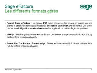– Format Sage eFacture : un fichier Pdf (pour conserver les mises en pages de nos 
clients et obtenir un rendu graphique) qui encapsule un fichier Xml au format Ubl 2.0 et 
permet une intégration automatisée dans les applications métier Sage compatibles. 
– AIFE (= l’Etat français) : fichier Xml au format Ubl 2.0 qui encapsule un zip du Pdf. Ce zip 
est lui-même encodé en base64 
– Forum For The Future : format belge. Fichier Xml au format Ubl 2.0 qui encapsule le 
Pdf, lui-même encodé en base64 
24 
Sage eFacture 
Les différents formats gérés 
Présentation Sage eFacture 
 