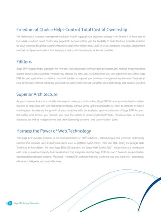 Sage ERP Accpac Overview14
Freedom of Choice Helps Control Total Cost of Ownership
We believe your business management solution should support your business strategy—not hinder it or force you to
buy what you don’t need. That’s why Sage ERP Accpac offers you the flexibility to build the best possible solution
for your business by giving you the freedom to select the edition (100, 200, or 500), database, modules, deployment
method, and payment options that keep your total cost of ownership as low as possible.
Editions
Sage ERP Accpac helps you slash the time and cost associated with complex processes and redirect those resources
toward growing your business. Whether you choose the 100, 200, or 500 Edition, you can select from any of the Sage
ERP Accpac applications to create a custom-fit solution to support your business management requirements. Easily adopt
new functionality without retraining your staff, as each Edition is built using the same technology and intuitive workflow.
Superior Architecture
As your business looks for cost-effective ways to meet your bottom line, Sage ERP Accpac provides the foundation
required to keep pace with ever-changing technology without giving up the functionality you need to compete in today’s
marketplace. Accelerate the growth of your company with the scalable, open architecture of Sage ERP Accpac.
No matter what Edition you choose, you have the option to utilize a Microsoft®
SQL, Pervasive.SQL, or Oracle
database, as well as multiple server and client operating systems, and customization tools.
Harness the Power of Web Technology
The Sage ERP Accpac 6 Series is the next generation of ERP solutions—introducing a new common technology
platform that is based upon industry standards such as HTML5, AJAX, REST, RSS, and XML. Using the Google Web
Toolkit as its foundation, the new Sage Data (SData) and the Sage Web Toolkit (SWT) will provide our developers
with tools to easily and rapidly build applications that integrate into the Sage ERP Accpac 6 Series to support better
interoperability between systems. The result—mobile ERP software that truly works the way you want it to—seamlessly,
efficiently, intelligently, and cost-effectively.
 
