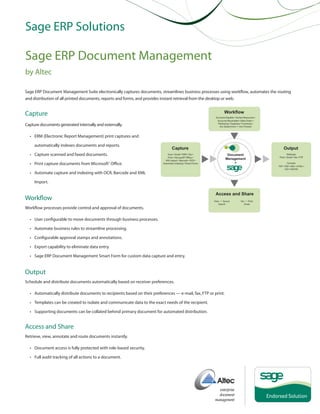 Sage ERP Solutions

Sage ERP Document Management
by Altec
Sage ERP Document Management Suite electronically captures documents, streamlines business processes using workflow, automates the routing
and distribution of all printed documents, reports and forms, and provides instant retrieval from the desktop or web.

Capture
Capture documents generated internally and externally.
•	 ERM (Electronic Report Management) print captures and
automatically indexes documents and reports.
•	 Capture scanned and faxed documents.
•	 Print capture documents from Microsoft® Office.
•	 Automate capture and indexing with OCR, Barcode and XML
Import.

Workflow
Workflow processes provide control and approval of documents.
•	 User configurable to move documents through business processes.
•	 Automate business rules to streamline processing.
•	 Configurable approval stamps and annotations.
•	 Export capability to eliminate data entry.
•	 Sage ERP Document Management Smart Form for custom data capture and entry.

Output
Schedule and distribute documents automatically based on receiver preferences.
•	 Automatically distribute documents to recipients based on their preferences — e-mail, fax, FTP or print.
•	 Templates can be created to isolate and communicate data to the exact needs of the recipient.
•	 Supporting documents can be collated behind primary document for automated distribution.

Access and Share
Retrieve, view, annotate and route documents instantly.
•	 Document access is fully protected with role-based security.
•	 Full audit tracking of all actions to a document.

 