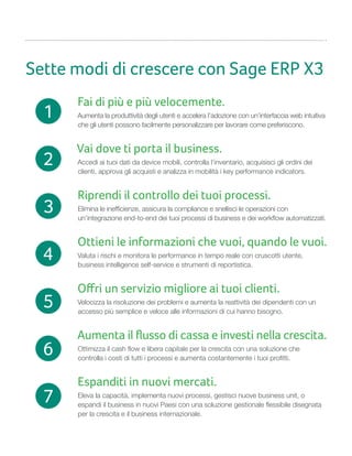 Sette modi di crescere con Sage ERP X3
Fai di più e più velocemente.
Aumenta la produttività degli utenti e accelera l’adozione con un’interfaccia web intuitiva
che gli utenti possono facilmente personalizzare per lavorare come preferiscono.
Vai dove ti porta il business.
Accedi ai tuoi dati da device mobili, controlla l’inventario, acquisisci gli ordini dei
clienti, approva gli acquisti e analizza in mobilità i key performance indicators.
Riprendi il controllo dei tuoi processi.
Elimina le inefficienze, assicura la compliance e snellisci le operazioni con
un’integrazione end-to-end dei tuoi processi di business e dei workflow automatizzati.
Ottieni le informazioni che vuoi, quando le vuoi.
Valuta i rischi e monitora le performance in tempo reale con cruscotti utente,
business intelligence self-service e strumenti di reportistica.
Oﬀri un servizio migliore ai tuoi clienti.
Velocizza la risoluzione dei problemi e aumenta la reattività dei dipendenti con un
accesso più semplice e veloce alle informazioni di cui hanno bisogno.
Aumenta il ﬂusso di cassa e investi nella crescita.
Ottimizza il cash flow e libera capitale per la crescita con una soluzione che
controlla i costi di tutti i processi e aumenta costantemente i tuoi profitti.
Espanditi in nuovi mercati.
Eleva la capacità, implementa nuovi processi, gestisci nuove business unit, o
espandi il business in nuovi Paesi con una soluzione gestionale flessibile disegnata
per la crescita e il business internazionale.
1
2
3
4
5
6
7
 