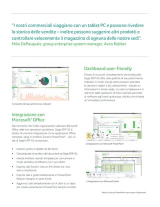 “I nostri commerciali viaggiano con un tablet PC e possono rivedere
lo storico delle vendite – inoltre possono suggerire altri prodotti e
controllare velocemente il magazzino di ognuna delle nostre sedi”.
Mike DePasquale, group enterprise system manager, Avon Rubber
Dashboard user-friendly
Dotato di cruscotti completamente personalizzabili,
Sage ERP X3 offre viste grafiche di key performance
indicator in modo che gli utenti possano prendere
le decisioni migliori e più velocemente – basate su
informazioni in tempo reale. La vista complessiva e in
real-time delle operazioni di tutta l’azienda permette
di notificare agli utenti qualunque criticità che richieda
un’immediata contromisura.
Il cruscotto dei key performance indicator
Integrazione con
Microsoft®
Oﬃce
Dal momento che molte organizzazioni utilizzano Microsoft
Office nelle loro operazioni quotidiane, Sage ERP X3 è
dotato di una forte integrazione con le applicazioni Office,
compresi i plug-in di Word, Excel e PowerPoint3
- con un
tab di Sage ERP X3 incorporato.
• Inserisci grafici e tabelle nei file Word.
• Crea proposte di vendita e altri documenti da Sage ERP X3.
• Intesta le lettere usando template per comunicare in
modo semplice ed efficace con i tuoi clienti.
• Esporta dati Excel o crea un link diretto tra i tuoi
dati e il workbook.
• Importa dati e grafici direttamente in PowerPoint.
Nessun bisogno di usare Excel.
• Aggiorna i dati semplicemente con il click di un tasto
per creare presentazioni PowerPoint sempre corrette.
L'integrazione con Microsoft PowerPoint
L'integrazione con Microsoft Excel
3
Word, Excel and PowerPoint sono marchi di Microsoft.
 