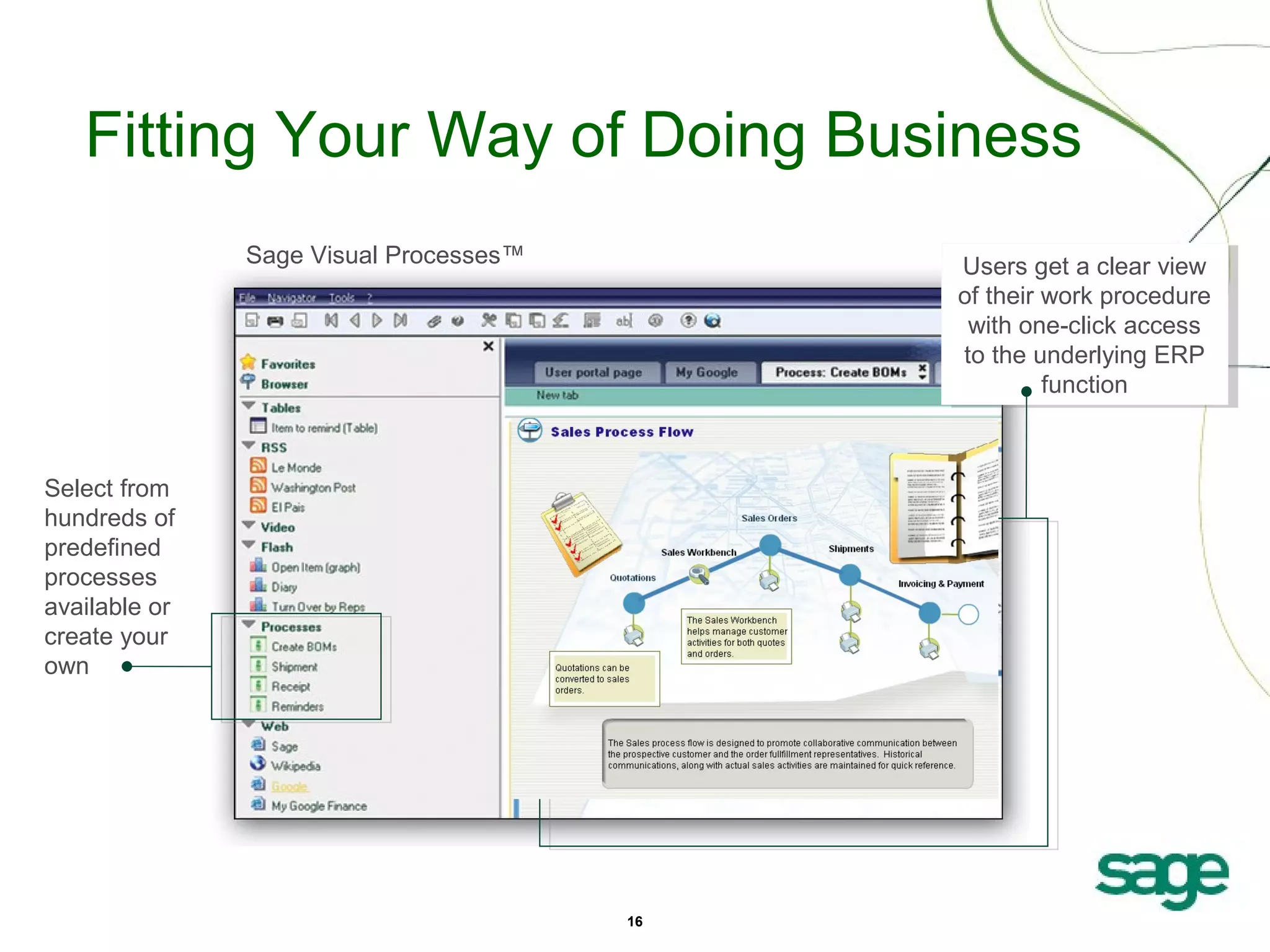 Fitting Your Way of Doing Business
Sage Visual Processes™

Users get aaclear view
Users get clear view
of their work procedure
of their work procedure
with one-click access
with one-click access
to the underlying ERP
to the underlying ERP
function
function

Select from
hundreds of
predefined
processes
available or
create your
own

16

 