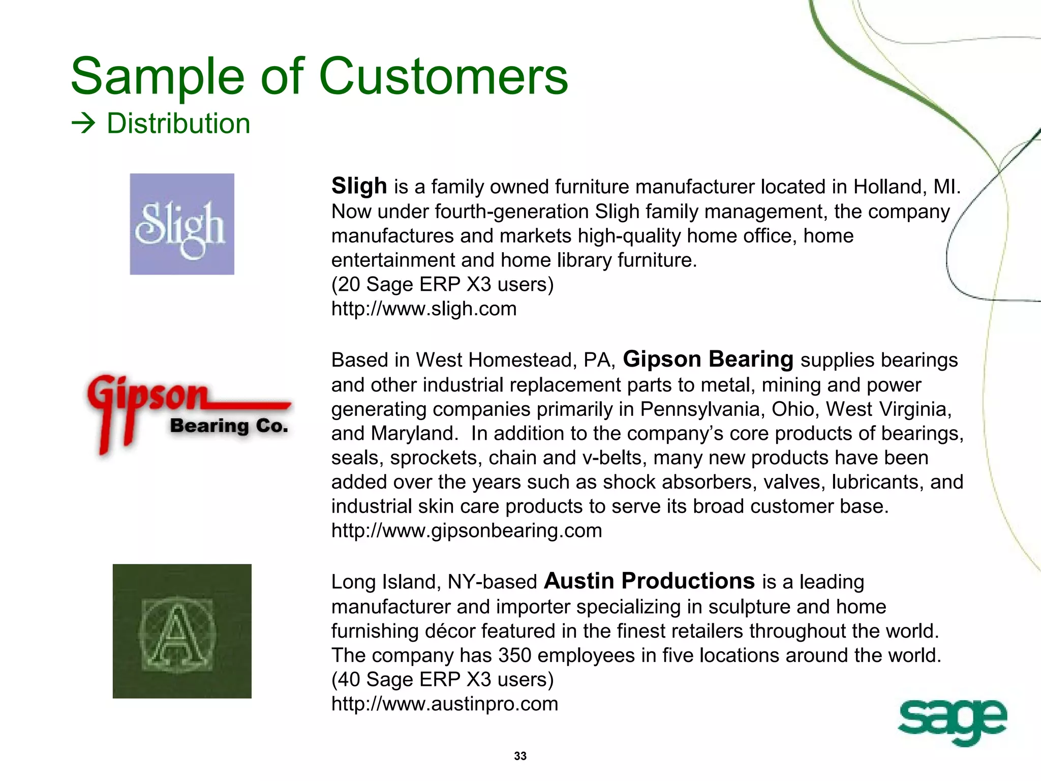 Sample of Customers
 Distribution
Sligh is a family owned furniture manufacturer located in Holland, MI.
Now under fourth-generation Sligh family management, the company
manufactures and markets high-quality home office, home
entertainment and home library furniture.
(20 Sage ERP X3 users)
http://www.sligh.com
Based in West Homestead, PA, Gipson Bearing supplies bearings
and other industrial replacement parts to metal, mining and power
generating companies primarily in Pennsylvania, Ohio, West Virginia,
and Maryland. In addition to the company’s core products of bearings,
seals, sprockets, chain and v-belts, many new products have been
added over the years such as shock absorbers, valves, lubricants, and
industrial skin care products to serve its broad customer base.
http://www.gipsonbearing.com
Long Island, NY-based Austin Productions is a leading
manufacturer and importer specializing in sculpture and home
furnishing décor featured in the finest retailers throughout the world.
The company has 350 employees in five locations around the world.
(40 Sage ERP X3 users)
http://www.austinpro.com
33

 