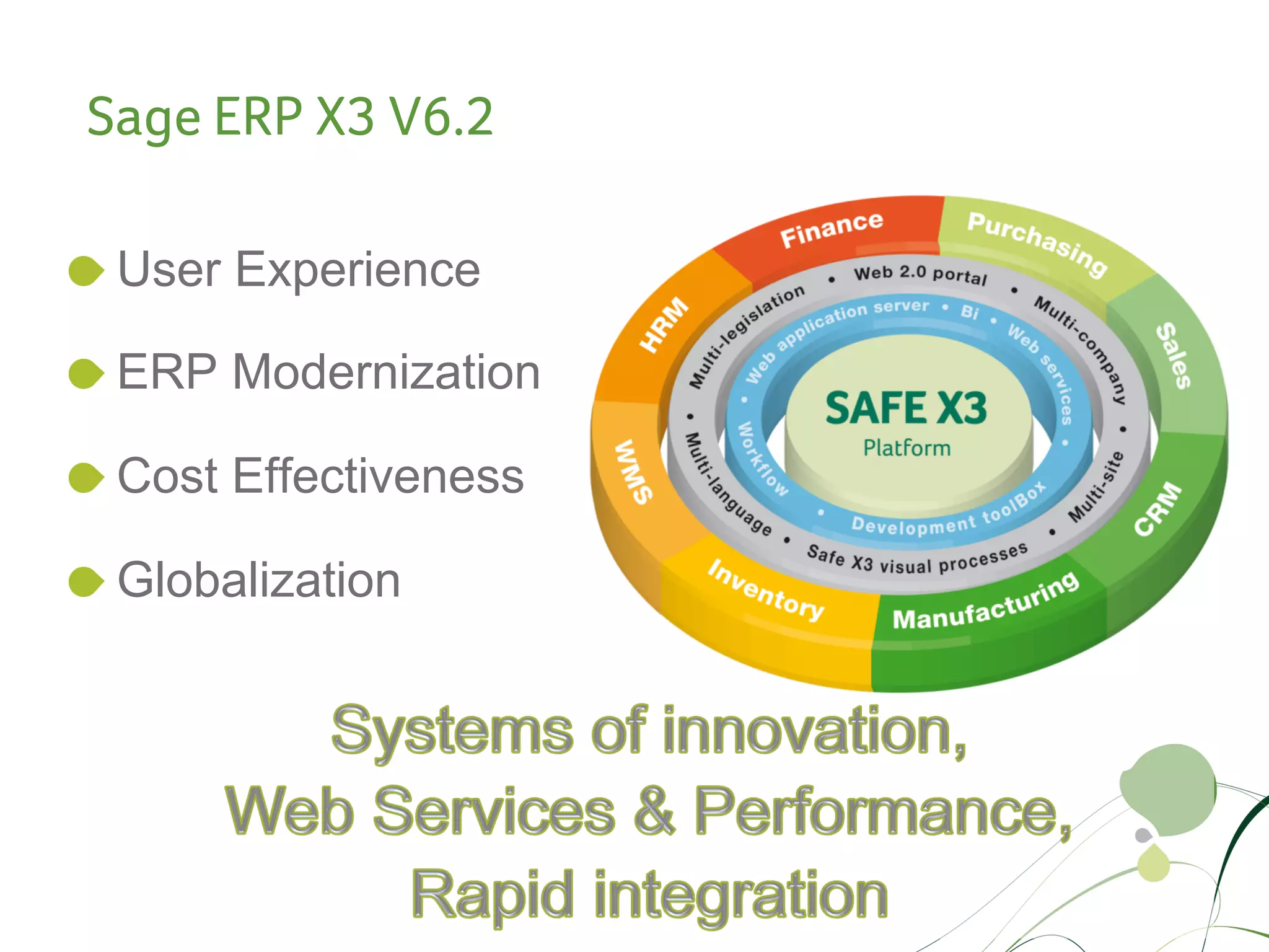 Sage ERP X3 V6.2

!   User Experience

!   ERP Modernization

!   Cost Effectiveness

!   Globalization
 