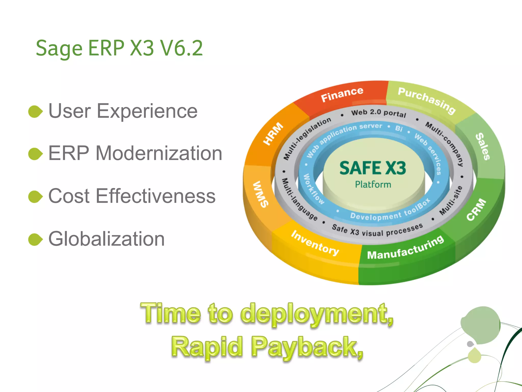 Sage ERP X3 V6.2

!   User Experience

!   ERP Modernization

!   Cost Effectiveness

!   Globalization
 