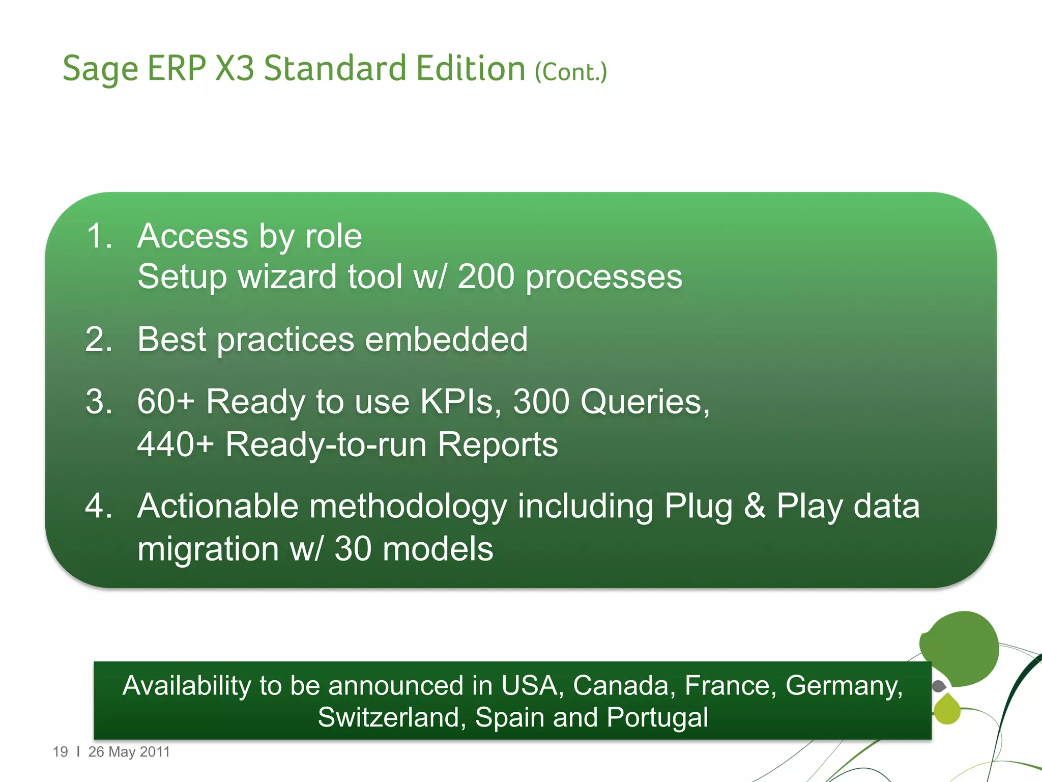 Sage ERP X3 Standard Edition (Cont.)



    1.  Access by role
        Setup wizard tool w/ 200 processes
    2.  Best practices embedded
    3.  60+ Ready to use KPIs, 300 Queries,
        440+ Ready-to-run Reports
    4.  Actionable methodology including Plug & Play data
        migration w/ 30 models


         Availability to be announced in USA, Canada, France, Germany,
                           Switzerland, Spain and Portugal
19 I 26 May 2011
 