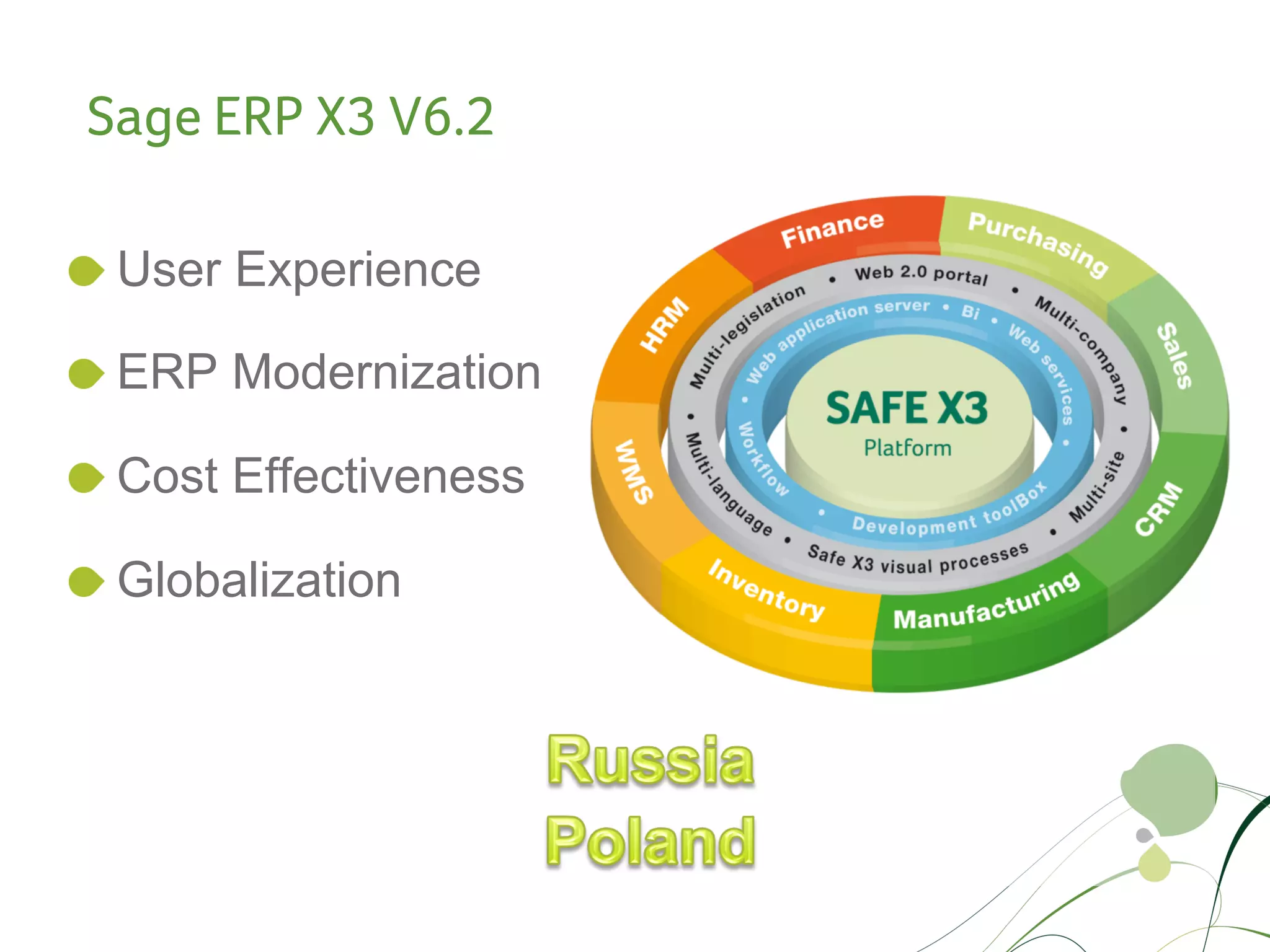 Sage ERP X3 V6.2

!   User Experience

!   ERP Modernization

!   Cost Effectiveness

!   Globalization
 