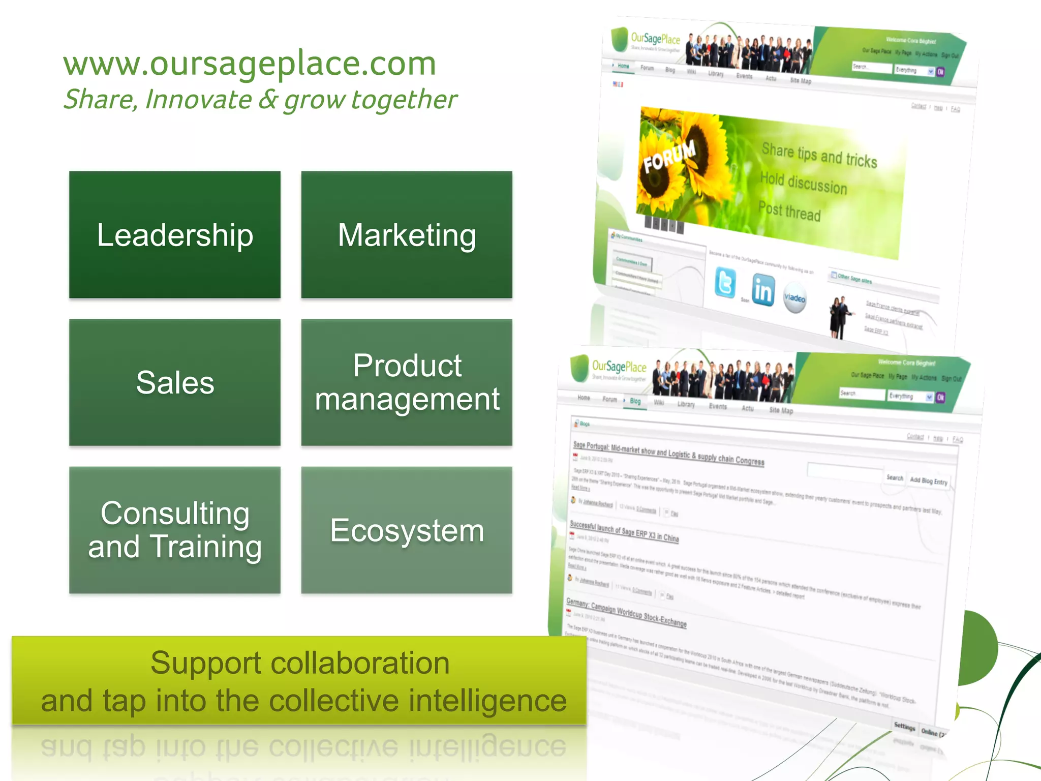 www.oursageplace.com
 Share, Innovate & grow together



    Leadership        Marketing



                       Product
       Sales
                     management


    Consulting
                      Ecosystem
   and Training


       Support collaboration
and tap into the collective intelligence
 