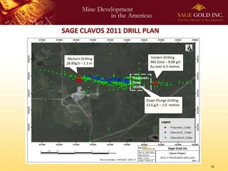 SAGE CLAVOS 2011 DRILL PLAN


 Western Drilling              Eastern Drilling
 28.89g/t – 1.3 m              960 Zone – 8.08 g/t
                               Au over 6.3 metres

                    Proposed
                    Deep
                    Drilling


                           Down Plunge Drilling
                           13.6 g/t – 1.0 metres




                                                     15
 