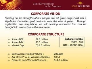 CORPORATE VISION
Building on the strengths of our people, we will grow Sage Gold into a
significant Canadian gold producer over the next 5 years. Through
exploration and acquisition, we will develop resources that can be
brought into production in the near-term.

                    CORPORATE STRUCTURE
  o Shares O/S:            52.9 million              Exchange-Symbol
  o Shares F/D:            73.5 million                    TSX.V – SGX
  o Market Cap:            C$ 8.5 million           OTC – SGGDF (USA)


  o Daily Average Trading Volume :          200,000
  o Avg Strike Price of Warrants/Options:   $0.53
  o Proceeds from Warrants/Options :        $11.8 million

                                                                         2
 