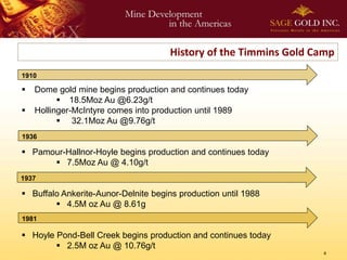 History of the Timmins Gold Camp
1910

   Dome gold mine begins production and continues today
           18.5Moz Au @6.23g/t
   Hollinger-McIntyre comes into production until 1989
           32.1Moz Au @9.76g/t
1936

 Pamour-Hallnor-Hoyle begins production and continues today
       7.5Moz Au @ 4.10g/t
1937

 Buffalo Ankerite-Aunor-Delnite begins production until 1988
         4.5M oz Au @ 8.61g
1981

 Hoyle Pond-Bell Creek begins production and continues today
         2.5M oz Au @ 10.76g/t
                                                                   4
 