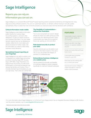 Sage Intelligence
Reports you can rely on.
Information you can act on.
Sage Intelligence is a powerful Microsoft® Excel®-based reporting solution powered by Alchemex and integrated into many
Sage accounting software solutions. You can run customized reports, on-demand, without having to manually update
spreadsheets. Now it’s easier than ever to find the answers you need and make informed decisions with confidence.

Critical information made visible
Sage Intelligence uses realtime information
pulled directly from various Sage
Accounting systems—and even other
databases—to give you easier access to
your business information. You can create
dynamic reports that can be refreshed as
needed, drilled into for more detail, and
sliced and diced for further insight. Get
the information you need to make timely,
business-critical decisions.

Spreadsheet-based reporting at
your fingertips
Sage Intelligence is an add-on solution, and
is integrated into multiple Sage accounting
products including Sage ERP Accpac,
Sage ERP MAS, Sage Peachtree and
Sage Simply Accounting. It’s Microsoft
Excel-based, so the tools and features may
already feel familiar and intuitive. Plus, it
includes standard report templates you can
use right away. That’s what we call fast ROI.

The flexibility of customization—
without the frustration
You or your accountant can custom-design
almost any report you need, giving you total
control over your reporting process. Every
customization you make can be saved for
future use, sparing you time and effort.

Role-based security to protect
your data
Security controls give you the ability to set
access to information based on the user’s
role, so you can protect the integrity of
sensitive or confidential data.

Extraordinary business intelligence
at a realistic price
Get the powerful functionality and flexibility
of a business intelligence solution designed
specifically for small and midsized businesses.

FEATURES
Customizable, dynamic, real-time
reports for better visibility into
your business
Ready-to-go within many Sage
Products: no separate installation
required1
Familiar and intuitive Microsoft Excelbased reports
Customizable report templates
included for quick ROI
Role-based security settings allow
you to control user access
Sophisticated business intelligence
created especially for small and
medium-sized businesses

The Sage Intelligence
dashboard provides you
with a real-time overview
of your business activities,
metrics, and revenues
all at a single glance ­ nd
a
refreshes in a single click!

For more information about Sage Intelligence—or to find out if your Sage product has an integrated Business Intelligence (BI) Solution,
visit the product website or go to www.SageNorthAmerica.com/
1 Additional fees required. Subject to Alchemex (Pty) Ltd terms and conditions.

 