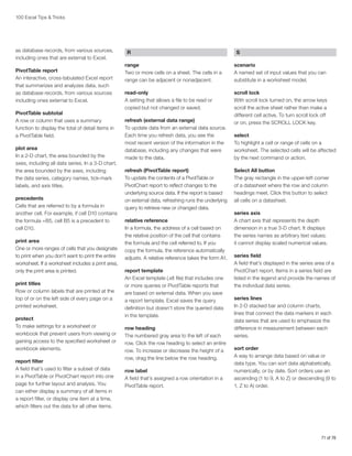100 Excel Tips  Tricks

as database records, from various sources,
including ones that are external to Excel.
PivotTable report
An interactive, cross-tabulated Excel report
that summarizes and analyzes data, such
as database records, from various sources
including ones external to Excel.
PivotTable subtotal
A row or column that uses a summary
function to display the total of detail items in
a PivotTable field.
plot area
In a 2-D chart, the area bounded by the
axes, including all data series. In a 3-D chart,
the area bounded by the axes, including
the data series, category names, tick-mark
labels, and axis titles.
precedents
Cells that are referred to by a formula in
another cell. For example, if cell D10 contains
the formula =B5, cell B5 is a precedent to
cell D10.
print area
One or more ranges of cells that you designate
to print when you don’t want to print the entire
worksheet. If a worksheet includes a print area,
only the print area is printed.
print titles
Row or column labels that are printed at the
top of or on the left side of every page on a
printed worksheet.
protect
To make settings for a worksheet or
workbook that prevent users from viewing or
gaining access to the specified worksheet or
workbook elements.
report filter
A field that’s used to filter a subset of data
in a PivotTable or PivotChart report into one
page for further layout and analysis. You
can either display a summary of all items in
a report filter, or display one item at a time,
which filters out the data for all other items.

R

S

range
Two or more cells on a sheet. The cells in a
range can be adjacent or nonadjacent.

scenario
A named set of input values that you can
substitute in a worksheet model.

read-only
A setting that allows a file to be read or
copied but not changed or saved.

scroll lock
With scroll lock turned on, the arrow keys
scroll the active sheet rather than make a
different cell active. To turn scroll lock off
or on, press the SCROLL LOCK key.

refresh (external data range)
To update data from an external data source.
Each time you refresh data, you see the
most recent version of the information in the
database, including any changes that were
made to the data.
refresh (PivotTable report)
To update the contents of a PivotTable or
PivotChart report to reflect changes to the
underlying source data. If the report is based
on external data, refreshing runs the underlying
query to retrieve new or changed data.
relative reference
In a formula, the address of a cell based on
the relative position of the cell that contains
the formula and the cell referred to. If you
copy the formula, the reference automatically
adjusts. A relative reference takes the form A1.
report template
An Excel template (.xlt file) that includes one
or more queries or PivotTable reports that
are based on external data. When you save
a report template, Excel saves the query
definition but doesn’t store the queried data
in the template.
row heading
The numbered gray area to the left of each
row. Click the row heading to select an entire
row. To increase or decrease the height of a
row, drag the line below the row heading.
row label
A field that’s assigned a row orientation in a
PivotTable report.

select
To highlight a cell or range of cells on a
worksheet. The selected cells will be affected
by the next command or action.
Select All button
The gray rectangle in the upper-left corner
of a datasheet where the row and column
headings meet. Click this button to select
all cells on a datasheet.
series axis
A chart axis that represents the depth
dimension in a true 3-D chart. It displays
the series names as arbitrary text values;
it cannot display scaled numerical values.
series field
A field that’s displayed in the series area of a
PivotChart report. Items in a series field are
listed in the legend and provide the names of
the individual data series.
series lines
In 2-D stacked bar and column charts,
lines that connect the data markers in each
data series that are used to emphasize the
difference in measurement between each
series.
sort order
A way to arrange data based on value or
data type. You can sort data alphabetically,
numerically, or by date. Sort orders use an
ascending (1 to 9, A to Z) or descending (9 to
1, Z to A) order.

71 of 76

 