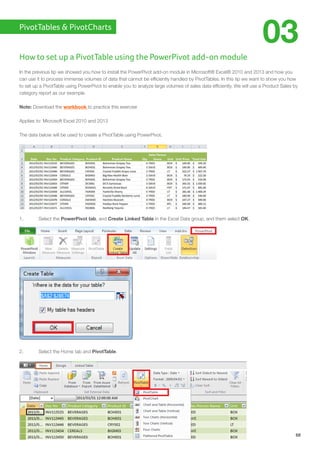 How to set up a PivotTable using the PowerPivot add-on module
In the previous tip we showed you how to install the PowerPivot add-on module in Microsoft® Excel® 2010 and 2013 and how you
can use it to process immense volumes of data that cannot be efficiently handled by PivotTables. In this tip we want to show you how
to set up a PivotTable using PowerPivot to enable you to analyze large volumes of sales data efficiently. We will use a Product Sales by
category report as our example.
Note: Download the workbook to practice this exercise
Applies to: Microsoft Excel 2010 and 2013
The data below will be used to create a PivotTable using PowerPivot.
1.	 Select the PowerPivot tab, and Create Linked Table in the Excel Data group, and them select OK.
2.	 Select the Home tab and PivotTable.
PivotTables & PivotCharts
68
03
 