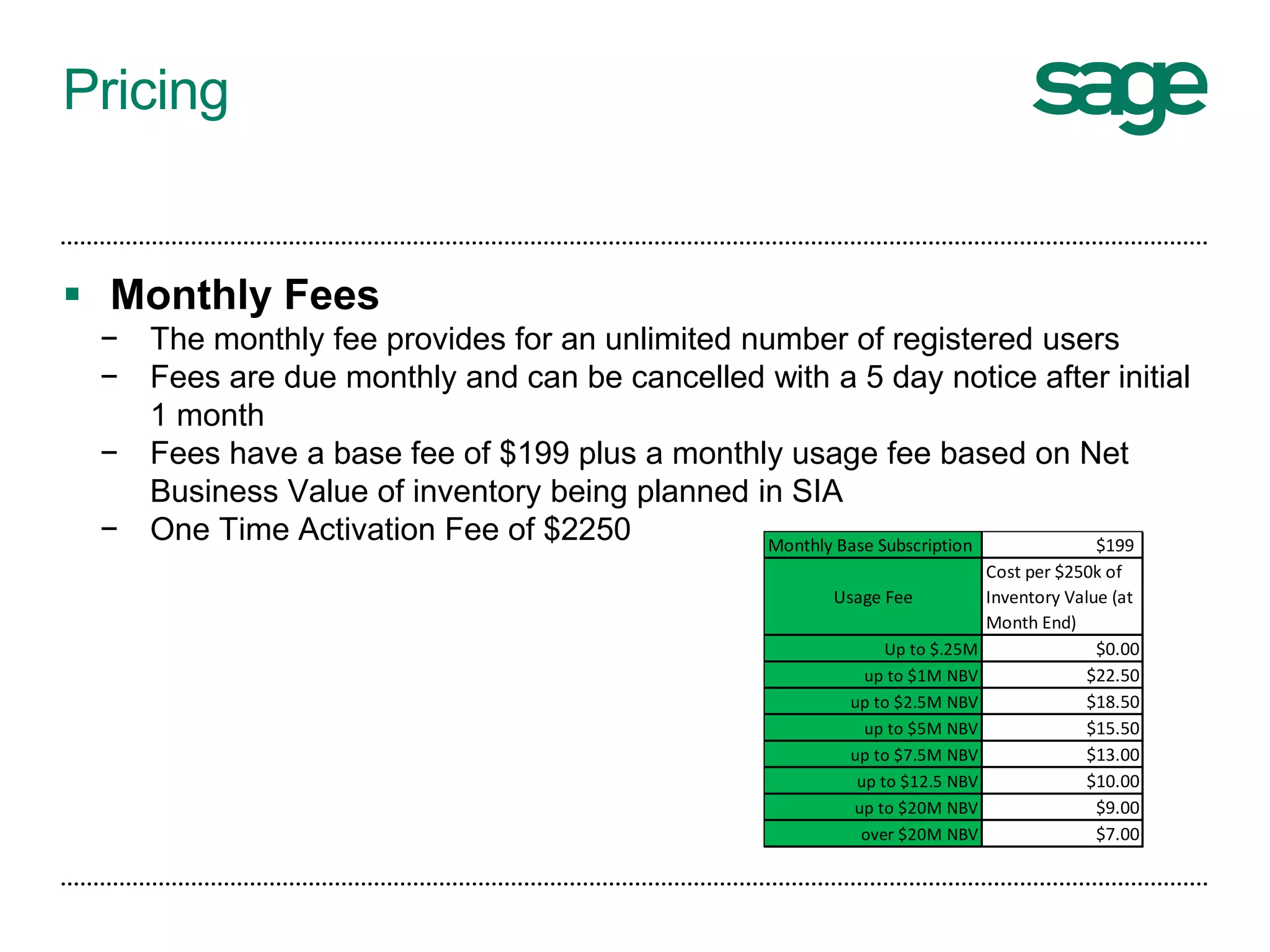 Pricing
 Monthly Fees
− The monthly fee provides for an unlimited number of registered users
− Fees are due monthly and can be cancelled with a 5 day notice after initial
1 month
− Fees have a base fee of $199 plus a monthly usage fee based on Net
Business Value of inventory being planned in SIA
− One Time Activation Fee of $2250 Monthly Base Subscription $199
Usage Fee
Cost per $250k of
Inventory Value (at
Month End)
Up to $.25M $0.00
up to $1M NBV $22.50
up to $2.5M NBV $18.50
up to $5M NBV $15.50
up to $7.5M NBV $13.00
up to $12.5 NBV $10.00
up to $20M NBV $9.00
over $20M NBV $7.00
 