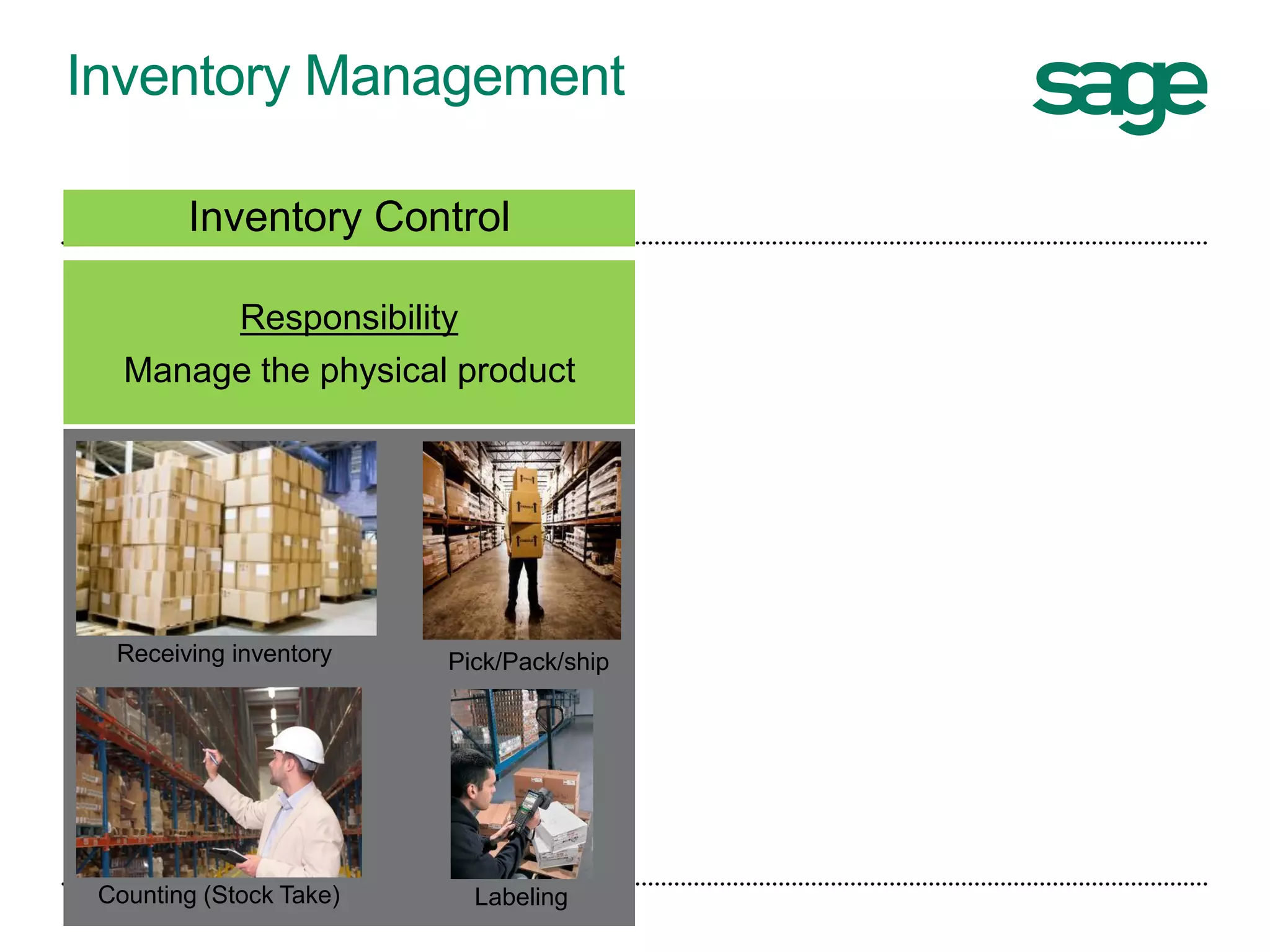 Inventory Management
Receiving inventory
LabelingCounting (Stock Take)
Inventory Control
Responsibility
Manage the physical product
Pick/Pack/ship
 