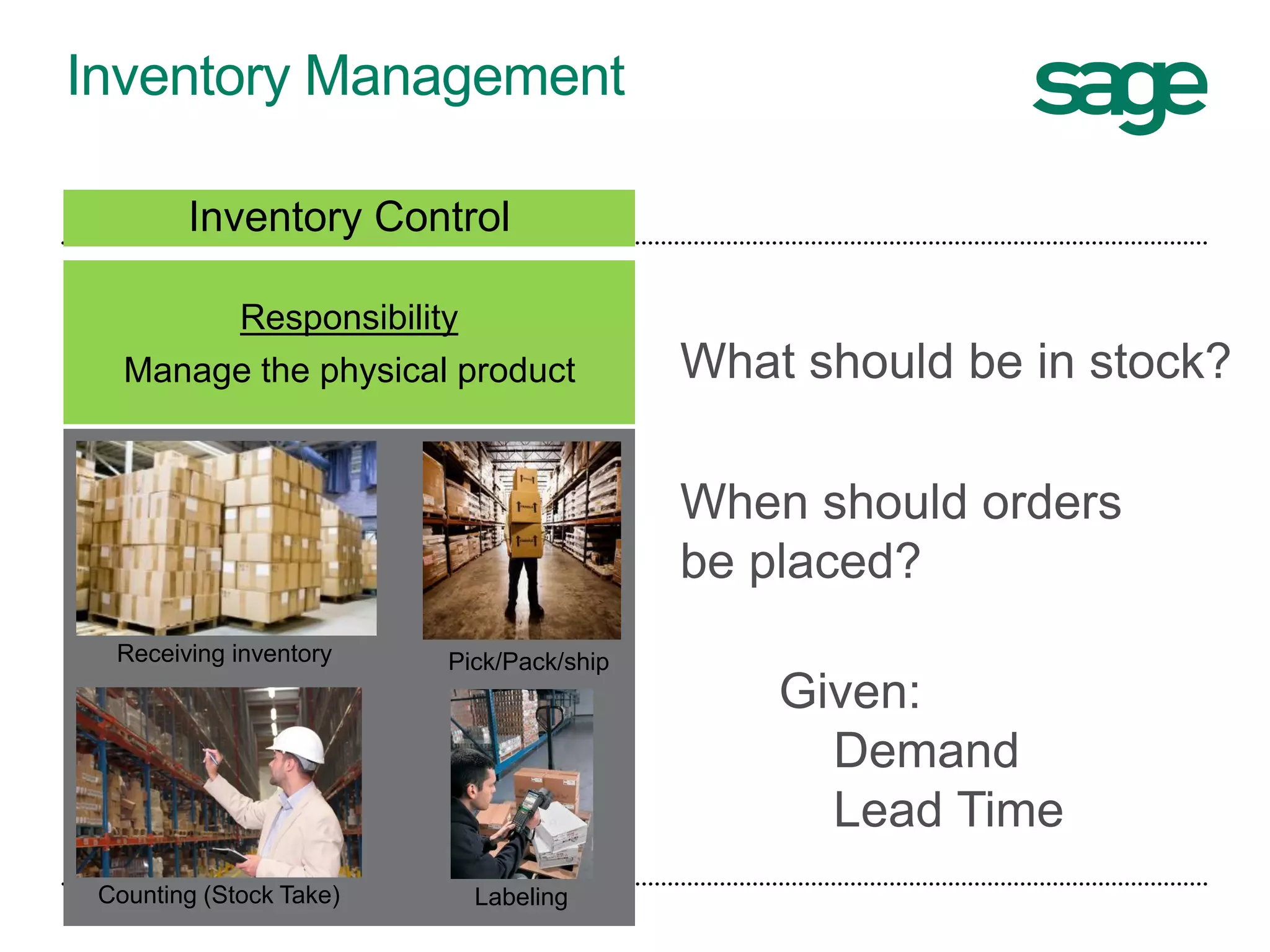 Inventory Management
Receiving inventory
LabelingCounting (Stock Take)
Inventory Control
Responsibility
Manage the physical product What should be in stock?
When should orders
be placed?
Given:
Demand
Lead Time
Pick/Pack/ship
 