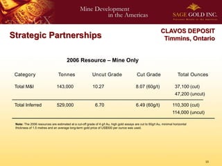 CLAVOS DEPOSIT
Strategic Partnerships                                                                                        Timmins, Ontario


                                       2006 Resource – Mine Only

 Category                       Tonnes                    Uncut Grade                      Cut Grade                     Total Ounces

 Total M&I                     143,000                    10.27                           8.07 (60g/t)                 37,100 (cut)
                                                               47,200 (uncut)
__________________________________________________________________________
 Total Inferred                529,000                      6.70                          6.49 (60g/t)               110,300 (cut)
                                                                                                                     114,000 (uncut)
__________________________________________________________________________
 Note: The 2006 resources are estimated at a cut-off grade of 4 g/t Au, high gold assays are cut to 60g/t Au, minimal horizontal
 thickness of 1.5 metres and an average long-term gold price of US$500 per ounce was used.




                                                                                                                                       13
 
