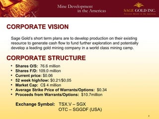 CORPORATE VISION
 Sage Gold’s short term plans are to develop production on their existing
 resource to generate cash flow to fund further exploration and potentially
 develop a leading gold mining company in a world class mining camp.

CORPORATE STRUCTURE
 •   Shares O/S: 76.6 million
 •   Shares F/D: 109.0 million
 •   Current price: $0.06
 •   52 week high/low: $0.21/$0.05
 •   Market Cap: C$ 4 million
 •   Average Strike Price of Warrants/Options: $0.34
 •   Proceeds from Warrants/Options: $10.7million

     Exchange Symbol: TSX.V – SGX
                      OTC – SGGDF (USA)
                                                                              2
 