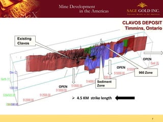 CLAVOS DEPOSIT
                                              Timmins, Ontario

Existing
Clavos



                                                      OPEN

                                           OPEN
                                                    960 Zone

                               Sediment
           OPEN                Zone



                   4.5 KM strike length



                                                             7
 