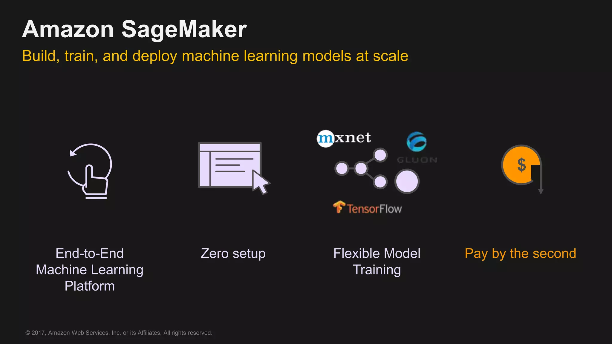 © 2017, Amazon Web Services, Inc. or its Affiliates. All rights reserved.
End-to-End
Machine Learning
Platform
Zero setup Flexible Model
Training
Pay by the second
$
Amazon SageMaker
Build, train, and deploy machine learning models at scale
 