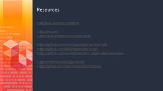 Resources
http://aws.amazon.com/free
https://ml.aws
https://aws.amazon.com/sagemaker
https://github.com/aws/sagemaker-python-sdk
https://github.com/aws/sagemaker-spark
https://github.com/awslabs/amazon-sagemaker-examples
https://medium.com/@julsimon
https://gitlab.com/juliensimon/dlnotebooks
 