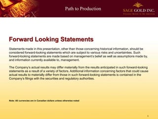 Path to Production

Forward Looking Statements
Statements made in this presentation, other than those concerning historical information, should be
considered forward-looking statements which are subject to various risks and uncertainties. Such
forward-looking statements are made based on management’s belief as well as assumptions made by,
and information currently available to, management.
The Company’s actual results may differ materially from the results anticipated in such forward-looking
statements as a result of a variety of factors. Additional information concerning factors that could cause
actual results to materially differ from those in such forward-looking statements is contained in the
Company’s filings with the securities and regulatory authorities.

Note: All currencies are in Canadian dollars unless otherwise noted

1

 