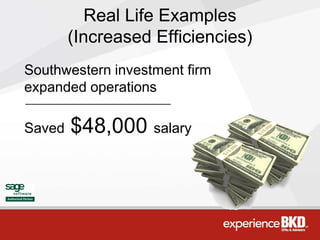 Real Life Examples
        (Increased Efficiencies)
Southwestern investment firm
expanded operations

Saved   $48,000 salary
 