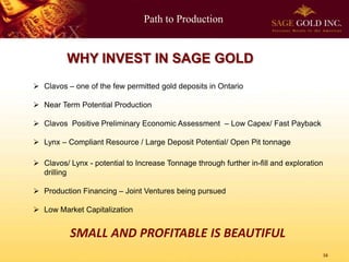 Path to Production
16
WHY INVEST IN SAGE GOLD
 Clavos – one of the few permitted gold deposits in Ontario
 Near Term Potential Production
 Clavos Positive Preliminary Economic Assessment – Low Capex/ Fast Payback
 Lynx – Compliant Resource / Large Deposit Potential/ Open Pit tonnage
 Clavos/ Lynx - potential to Increase Tonnage through further in-fill and exploration
drilling
 Production Financing – Joint Ventures being pursued
 Low Market Capitalization
SMALL AND PROFITABLE IS BEAUTIFUL
 