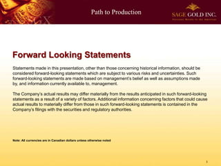 Path to Production
Forward Looking Statements
1
Statements made in this presentation, other than those concerning historical information, should be
considered forward-looking statements which are subject to various risks and uncertainties. Such
forward-looking statements are made based on management’s belief as well as assumptions made
by, and information currently available to, management.
The Company’s actual results may differ materially from the results anticipated in such forward-looking
statements as a result of a variety of factors. Additional information concerning factors that could cause
actual results to materially differ from those in such forward-looking statements is contained in the
Company’s filings with the securities and regulatory authorities.
Note: All currencies are in Canadian dollars unless otherwise noted
 