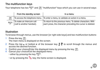 14
The multifunction keys
Your telephone has two and "multifunction" keys which you can use in several ways:
Illustration
To browse-through menus, use the browser [or right side keys] and two multifunction buttons:
1 Press the key .
The main menu is displayed on the screen.
2 Press the top or bottom of the browser key to scroll through the menus and
access the desired function.
3 Confirm your choice/Enter the displayed menu by pressing the key .
4 Cancel your choice/Exit the displayed menu:
• either by pressing the key .
• or by pressing the : key; the home screen is displayed.
From the standby screen In a menu
To access the telephone menu. To enter a menu, to validate an action in a menu.
To make an Intercom call
(call to another handset).
To return to the previous menu. To delete characters. With
each press, the character preceding the cursor is deleted.
 