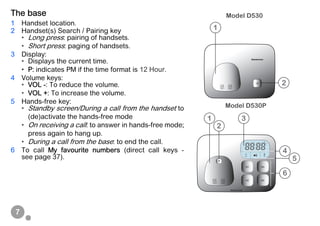 7
The base
1 Handset location.
2 Handset(s) Search / Pairing key
• Long press: pairing of handsets.
• Short press: paging of handsets.
3 Display:
• Displays the current time.
• P: indicates PM if the time format is 12 Hour.
4 Volume keys:
• VOL -: To reduce the volume.
• VOL +: To increase the volume.
5 Hands-free key:
• Standby screen/During a call from the handset to
(de)activate the hands-free mode
• On receiving a call: to answer in hands-free mode;
press again to hang up.
• During a call from the base: to end the call.
6 To call My favourite numbers (direct call keys -
see page 37).
2
1
M1
M2
M3
M4
2
31
5
6
4
Model D530
Model D530P
 