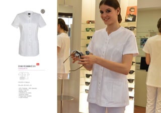 Clàssicsdona/Clásicosmujer/Classiquespourlafemme/Classicsforwomen
107
3180 R108M/C 01
CHAQUETA
COLOR: 01-Blanco
TALLAS: XS-S-M-L-XL
• 50% Poliéster - 50% Algodón
• Sarga 210gr/m2
• Manga corta
• 2 Bolsillos con fuelle
• Pesiones níquel
• Pliegue bajo espalda
• Cuello fantasia
107
 