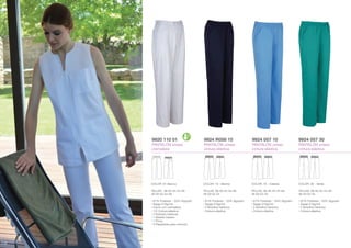 Clàssicsdona/Clásicosmujer/Classiquespourlafemme/Classicsforwomen
110
9924 057 30
PANTALÓN unisex
cintura elástica
9924 057 10
PANTALÓN unisex
cintura elástica
9924 R058 15
PANTALÓN unisex
cintura elástica
9920 110 01
PANTALÓN unisex
cremallera
COLOR: 30 - Verde
TALLAS: 38-40-42-44-46-
48-50-52-54
• 67% Poliéster - 33% Algodón
• Sarga 210g/m2
• 2 Bolsillos italianos
• Cintura elástica
COLOR: 10 - Celeste
TALLAS: 38-40-42-44-46-
48-50-52-54
• 67% Poliéster - 33% Algodón
• Sarga 210g/m2
• 2 Bolsillos italianos
• Cintura elástica
COLOR: 15 - Marino
TALLAS: 38-40-42-44-46-
48-50-52-54
• 67% Poliéster - 33% Algodón
• Sarga 210g/m2
• 2 Bolsillos italianos
• Cintura elástica
COLOR: 01-Blanco
TALLAS: 38-40-42-44-46-
48-50-52-54-56
• 67% Poliéster - 33% Algodón
• Sarga 210g/m2
• Cierre con cremallera
• 1/2 Cintura elástica
• 2 Bolsillos italianos
• 1 Bolsillo trasero
• 1 Pinza
• 5 Pasadores para cinturón
110
 