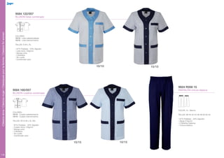 Clàssicsdona/Clásicosmujer/Classiquespourlafemme/Classicsforwomen
118
9584 122/057
BLUSÓN listas combinado
9584 160/057
BLUSÓN cuadros combinado
9924 R058 15
PANTALÓN cintura elástica
COLORES:
10/10 - Lista celeste/celeste
15/15 - Lista marino/marino
TALLAS: S-M-L-XL
• 67% Poliéster - 33% Algodón
• Lista Vichy 120g/m2
• Manga corta
• 3 Bolsillos
• Sin cuello
• Combinado color
COLORES:
10/15 - Cuadro celeste/marino
15/15 - Cuadro marino/marino
TALLAS: XS-S-M-L-XL-XXL
• 67% Poliéster - 33% Algodón
• Cuadro Vichy 120g/m2
• Manga corta
• 3 Bolsillos
• Sin cuello
• Combinado color
COLOR: 15 - Marino
TALLAS: 38-40-42-44-46-48-50-52-54
• 67% Poliéster - 33% Algodón
• Sarga 210g/m2
• 2 Bolsillos italianos
• Cintura elástica
15/15
15/15
10/10
10/15
 