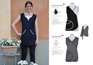 Clàssicsdona/Clásicosmujer/Classiquespourlafemme/Classicsforwomen
124
1847 287/287 90/01
CASULLA corta
1847 R061 80/90
CASULLA corta
COLOR: 90/01-Negro/blanco
TALLAS: S-M-L-XL
• 100% Poliéster- estrech
• Toile 165gr/m2
• Delantero bicolor
• 1 Bolsillo redondo lateral vivo contraste
• Contorno vivo negro
• Abrochado cinta mismo tejido
• 1 Ojal
COLOR: 80/90-Gris/negro
TALLAS: S-M-L-XL
• 67% Poliéster - 33% Algodón
• Sarga 190gr/m2
• 1 Bolsillo redondo lateral vivo negro
• Contorno vivo negro
• Abrochado cinta mismo tejido
• 1 Ojal
124
 