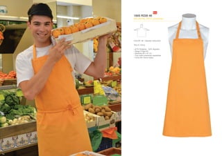 Davantals/Delantales/Tabliers/Aprons
74
1805 R226 46
DELANTAL PETO presiones
COLOR: 46 - Naranja melocotón
TALLA: Única
• 67% Poliéster - 33% Algodón
• Sarga 210gr/m2
• Medidas 85 x 87 cm
• Tira cuello presiones regulables
• Cinta del mismo tejido
74
 