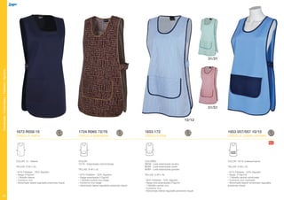 Davantals/Delantales/Tabliers/Aprons
80
1673 R058 15
CASULLA marino
1724 R065 72/78
CASULLA estampada
COLOR: 15 - Marino
TALLAS: S-M-L-XL
• 67% Poliéster - 33% Algodón
• Sarga 210g/m2
• 1 Bolsillo lateral
• Contorno vivo
• Abrochado lateral regulable presiones níquel
COLOR:
72/78 - Estampado marrón/beige
TALLAS: S-M-L-XL
• 67% Poliéster - 33% Algodón
• Sarga estampada 210g/m2
• 1 Bolsillo central vivo beige
• Contorno vivo beige
• Abrochado lateral regulable presiones níquel
1653 057/057 10/15
CASULLA bolsillo contraste
COLOR: 10/15-Celeste/marino
TALLAS: S-M-L-XL
• 67% Poliéster - 33% Algodón
• Sarga 210gr/m2
• 1 Bolsillo central combinado
• Contorno vivo contraste
• Abrochado lateral combinado regulable
presiones níquel
1653 172
CASULLA listas
COLORES:
12/12 - Lista estampada azulina
31/31 - Lista estampada verde
51/51 - Lista estampada granate
TALLAS: S-M-L-XL
• 80% Poliéster - 20% Algodón
• Sarga lista estampada 210g/m2
• 1 Bolsillo central vivo
• Contorno vivo
• Abrochado lateral regulable presiones níquel
12/12
31/31
51/51
 