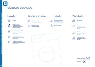 Símbolsderentat/Símbolosdelavado/Symbolesdelavage/Washingsymbols
156
Lavado
· Lavado a mano
· No lavar a máquina
· Temperatura máxima 40º
· Tratar con cuidado
· Temperatura máxima 30º
· Tratamiento mecánico normal
· Secado normal
· No lavar
· Temperatura máxima 60º
· Tratamiento mecánico normal
· Secado normal
Planchado
· Planchado a una
temperatura máxima
de 110º
· Planchado a una
temperatura máxima
de 150º
· No planchar
· Planchado a una
temperatura máxima
de 200º
· Temperatura máxima 95º
· Tratamiento mecánico normal
· Secado normal
normal
Limpieza en seco
· No limpiar en seco
· No limpiar con disolventes
· Limpieza en seco
con percloroetileno
Lejiado
· Se puede utilizar lejía
· Únicamente en una
solución líquida y fría
· No lavar con lejía
SÍMBOLOS DE LAVADO
· Normativa
· Tejidos OEKO-TEX
 