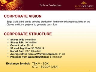Path to Production 
2 
Sage Gold plans are to develop production from their existing resources on the Clavos and Lynx projects to generate cash flow. CORPORATE STRUCTURECORPORATE VISION 
Exchange Symbol: TSX.V –SGX 
OTC –SGGDF (USA) 
•Shares O/S:9.0 million 
•Shares F/D:10.3 million 
•Current price: $0.14 
•52 week high/low: $0.60/$0.14 
•Market Cap:C$ 1.26 million 
•Average Strike Price of Warrants/Options: $1.38 
•Proceeds from Warrants/Options: $1.9 million  