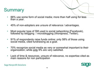 Summary <ul><li>88% use some form of social media; more than half using for less than a year.  </li></ul><ul><li>45% of no...