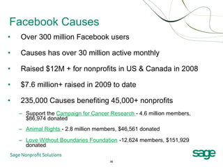 Facebook Causes <ul><li>Over 300 million Facebook users </li></ul><ul><li>Causes has over 30 million active monthly  </li>...