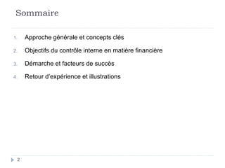 Sommaire
1. Approche générale et concepts clés
2. Objectifs du contrôle interne en matière financière
3. Démarche et facteurs de succès
4. Retour d’expérience et illustrations
2
 