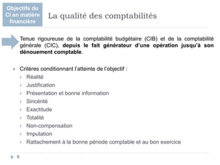  Tenue rigoureuse de la comptabilité budgétaire (CIB) et de la comptabilité
générale (CIC), depuis le fait générateur d’une opération jusqu’à son
dénouement comptable.
 Critères conditionnant l’atteinte de l’objectif :
 Réalité
 Justification
 Présentation et bonne information
 Sincérité
 Exactitude
 Totalité
 Non-compensation
 Imputation
 Rattachement à la bonne période comptable et au bon exercice
9
La qualité des comptabilités
Objectifs du
CI en matière
financière
 