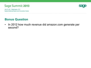 Bonus Question
• In 2012 how much revenue did amazon.com generate per
second?
 